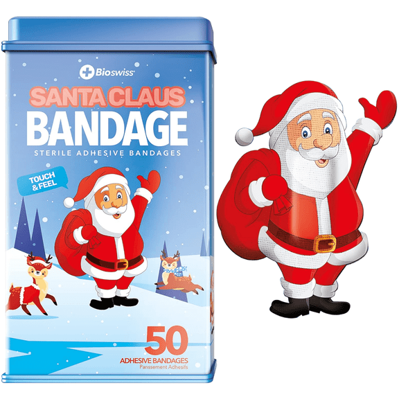 BioSwiss Bandages, Santa Claus Shaped Self Adhesive Bandage, Latex Free Sterile Wound Care, Fun First Aid Kit Supplies for Kids and Adults, 50 Count
