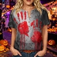 thumbnail image 2 of Women’s Halloween Handprint Graphic Henley Button Neck Short Sleeve Cotton Linen Shirt with Chest Pocket Casual Fit, 2 of 7