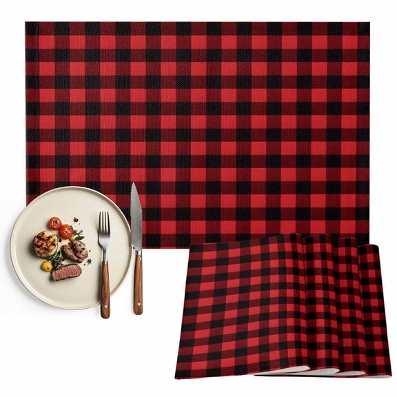 Christmas Placemats Set of 8, Rustic Red Black Buffalo Check Plaid Pattern Table Mats Washable Heat-Resistant Non-Slip for Kitchen Dinner Table Indoor Outdoor Decor,13x19 Inch Farmhouse Xmas