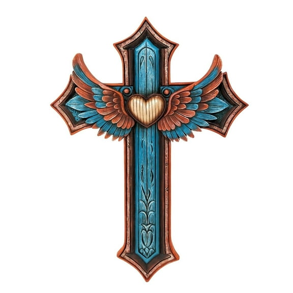 Turquoise Cross with Heart and Angel Wings, Southwest Inspired Wall Art-Rustic Faux Turquoise Gem, Spiritual and Inspirational Religious Décor for Home, Office, or Gift