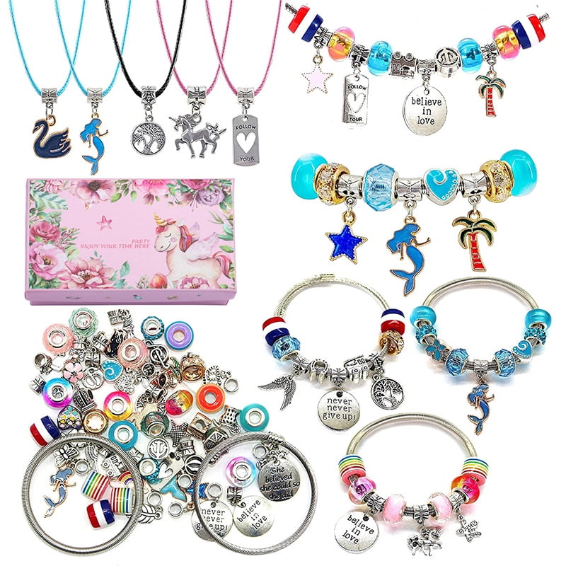 Girls multi-coloured unicorn charm necklace and bracelet set personalised gift 