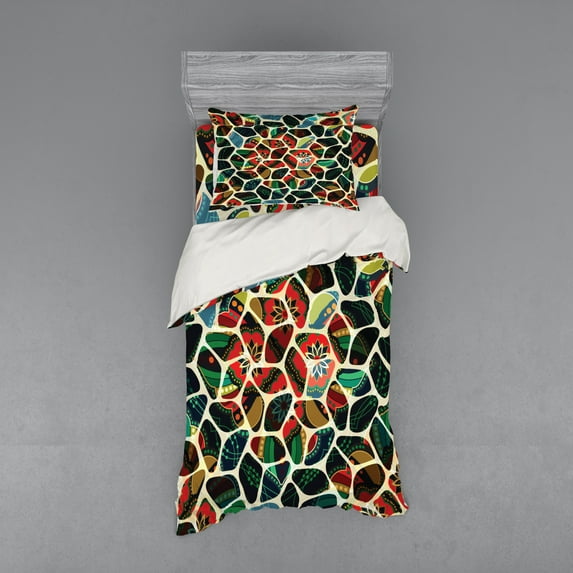 Colorful Duvet Cover Set, Abstract Pattern with Shapes Superimposed with Floral Motifs Indonesian Mosaic, Bedding Set with Shams and Fitted Sheet, 3 Sizes, by Ambesonne