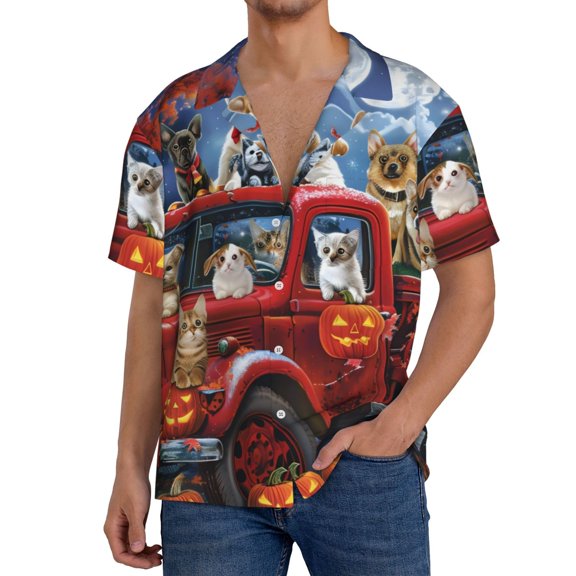Logiee Halloween Pets Pumpkins Print Men's Button Down Shirts Short Sleeve, Summer Beach Shirts,Vacation Wedding Shirts,Men's Casual Button-Down Shirts with Pocket-Small
