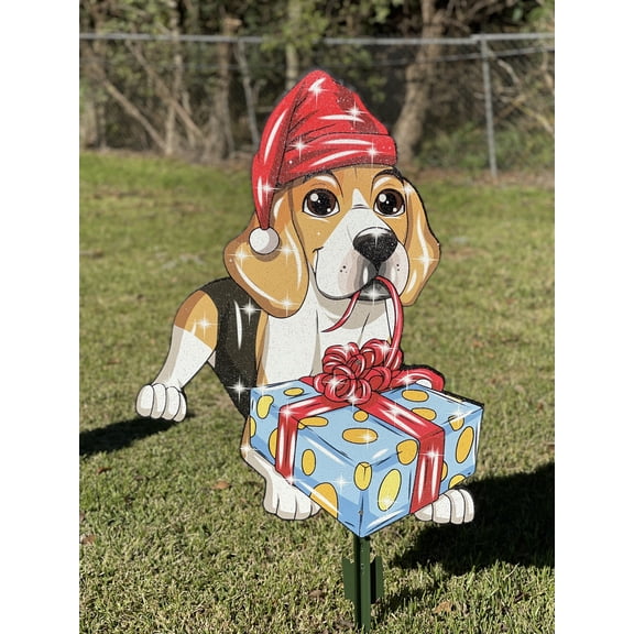 Beagle Dog with Present and Ribbon in the Mouth Outdoor Decoration