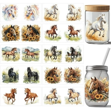 10 Sheets UV DTF Cup Wraps for 16 OZ Glass Cups 10 Styles Watercolor Horse Theme Rub on Transfers PVC Transfer Stickers Waterproof Rub Decals for DIY Your Holiday Presents 9.4x4.3inch