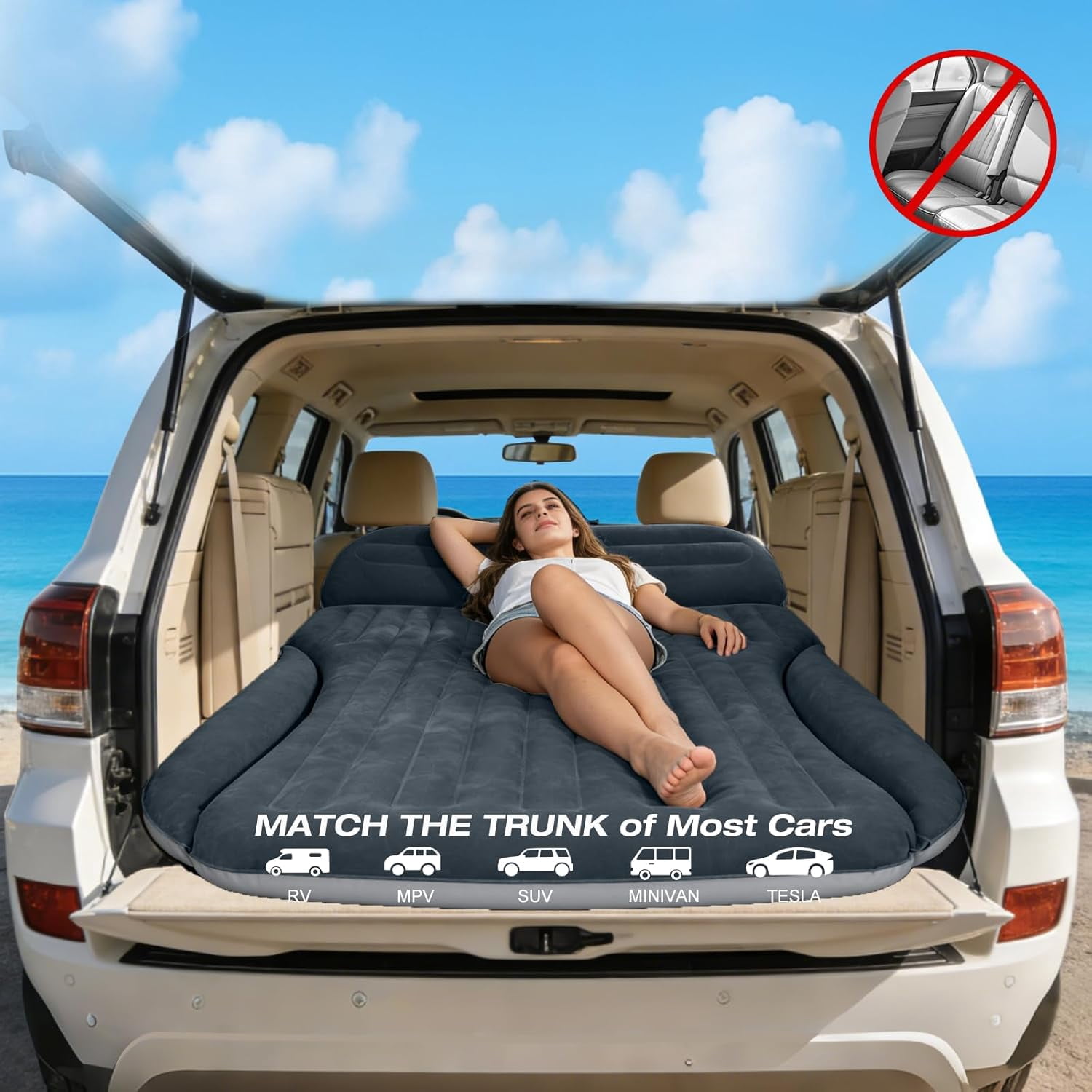 Air Mattress, Double-Sided Thick Flocked Car Air Mattress with Built-in Pump & Pillow, Complete Sleeping Accessories for Auto Camping & Road Trips