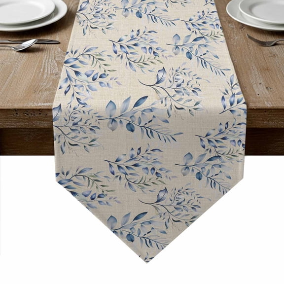 Rustic Blue Leaves Table Runner Linen Burlap Table Runner 48 Inches Long Farmhouse Botanical Beige Dresser Scarves for Kitchen Island Coffee Dining Room Party Wedding Holiday Decoration 13"x48"