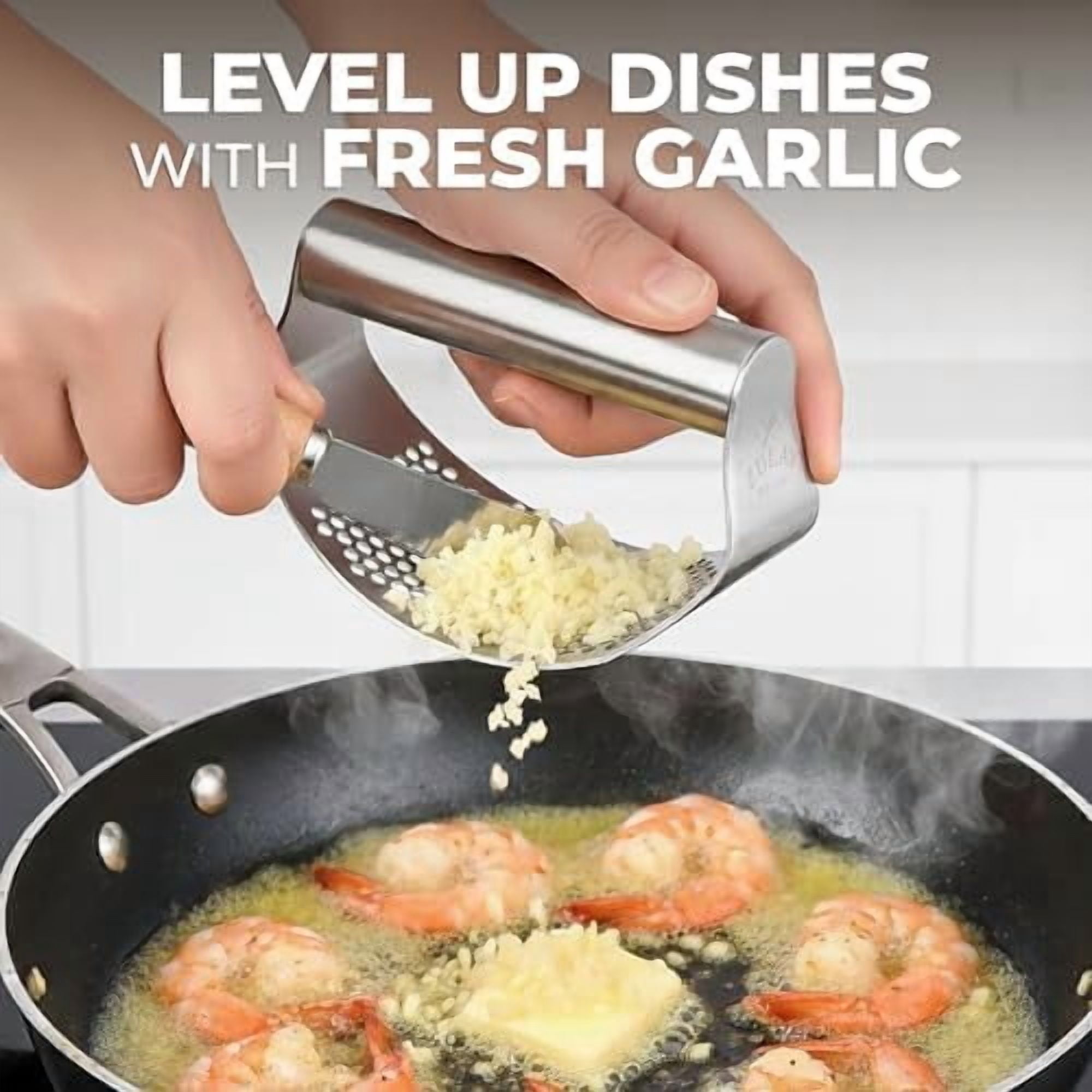 Stainless Steel Garlic Press Rocker Set - Time Saving, Durable Strong Garlic Mincer Tool - Easy to Use & Clean Garlic Crusher Set with Peeler and Scraper Kitchen Gadget Smasher