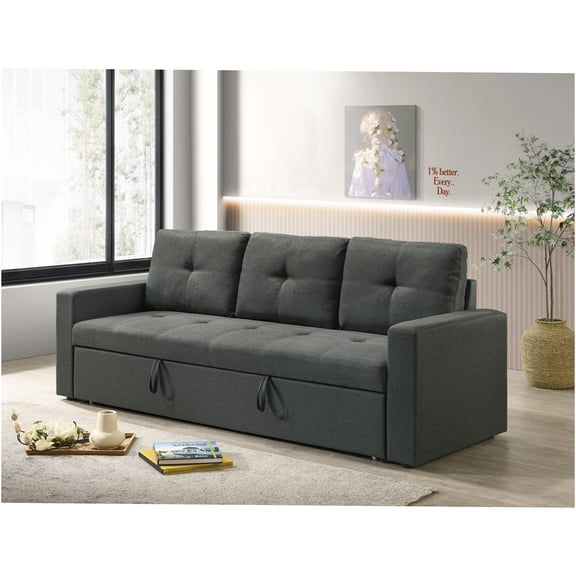 JERFIT Modern Convertible Sofa Bed for Small Spaces, Dark Gray Upholstered Sleeper with Tufted Back, 3-Seater Futon Couch with Pull-Out Mattress