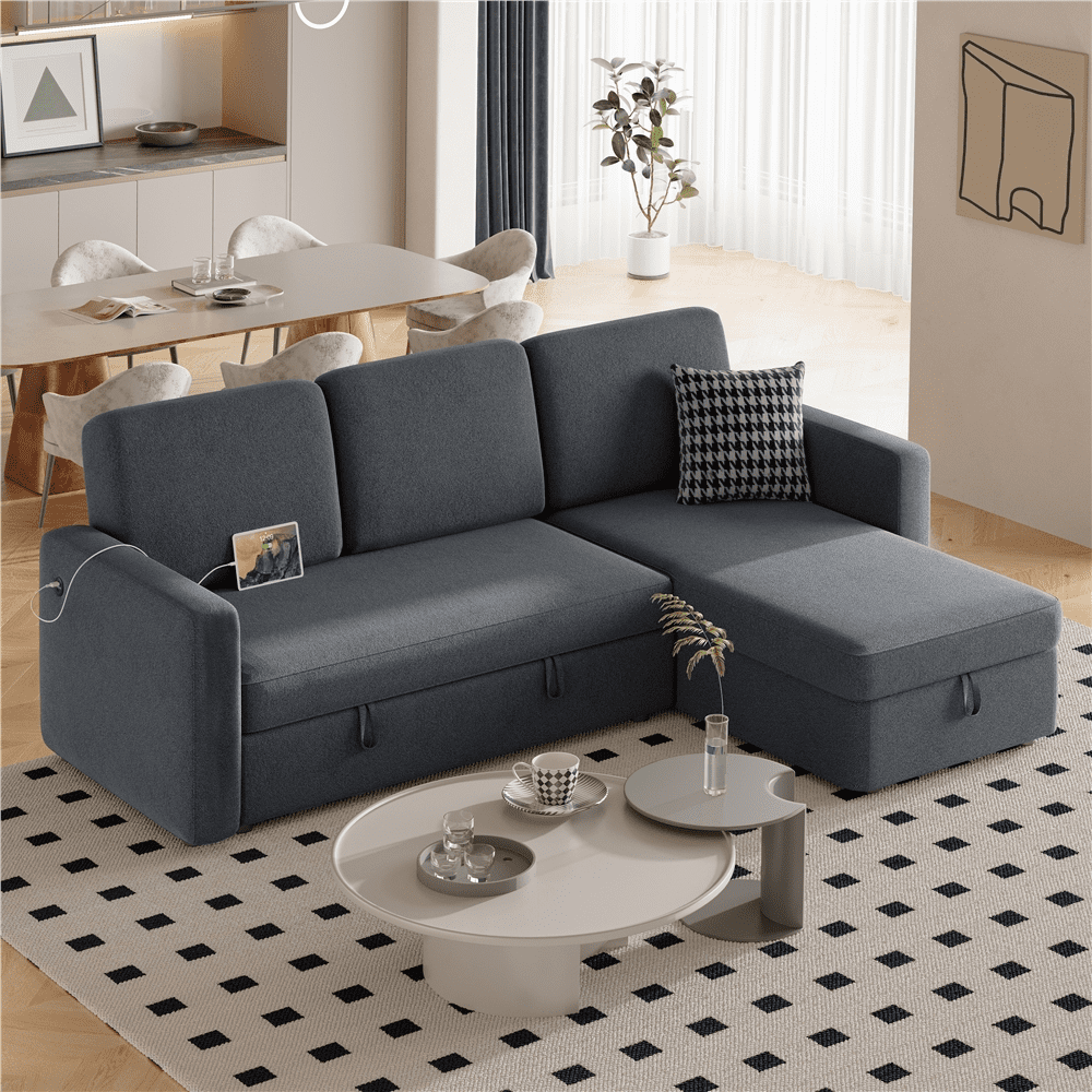 Alden Design Reversible Sectional Sofa with Storage Compartment & USB Ports for Livingroom, Dark Gray