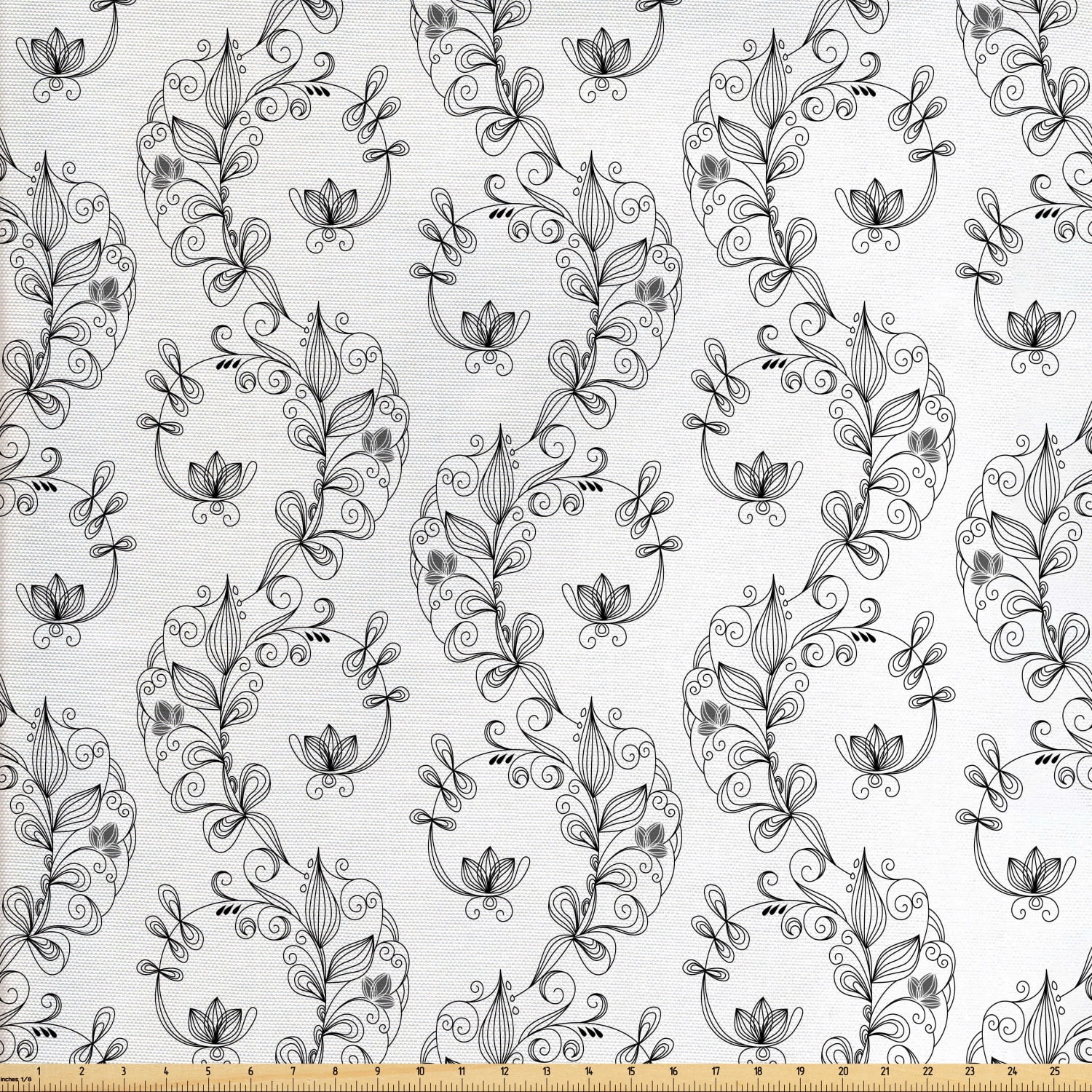 Black and White Fabric by The Yard, Scroll and Swirls Pattern with Tiny