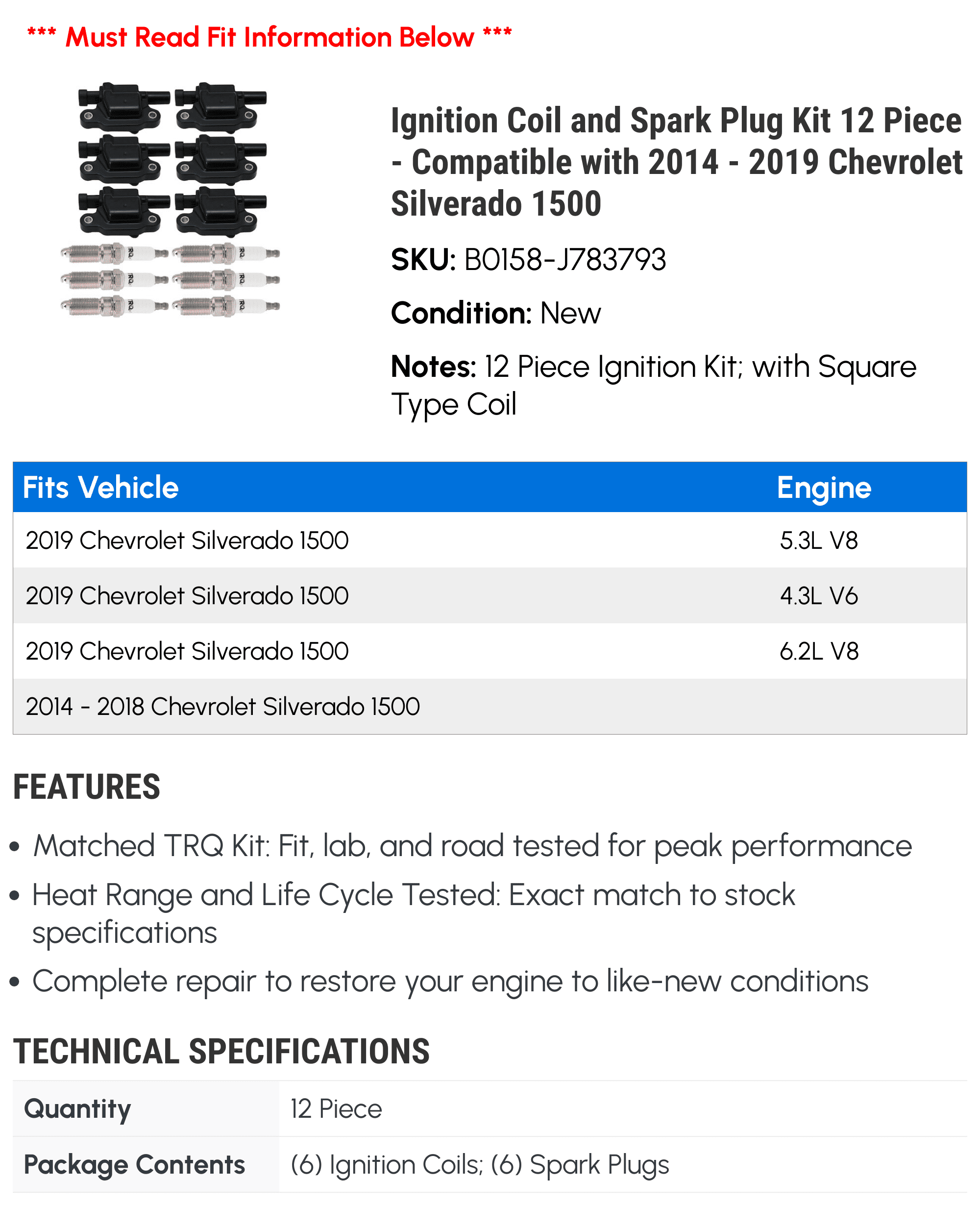 Ignition Coil and Spark Plug Kit 12 Piece - Compatible with 2014 - 2019 Chevy Silverado 1500 2015 2016 2017 2018