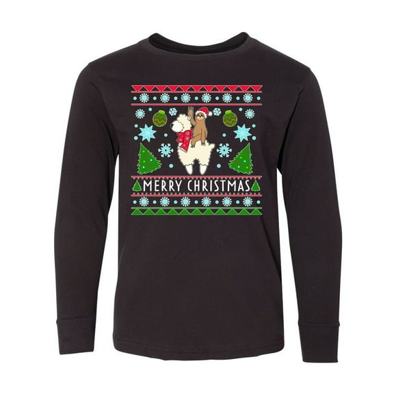 Inktastic Merry Christmas Sloth and Llama Ugly Sweater Style Long Sleeve Youth T-Shirt