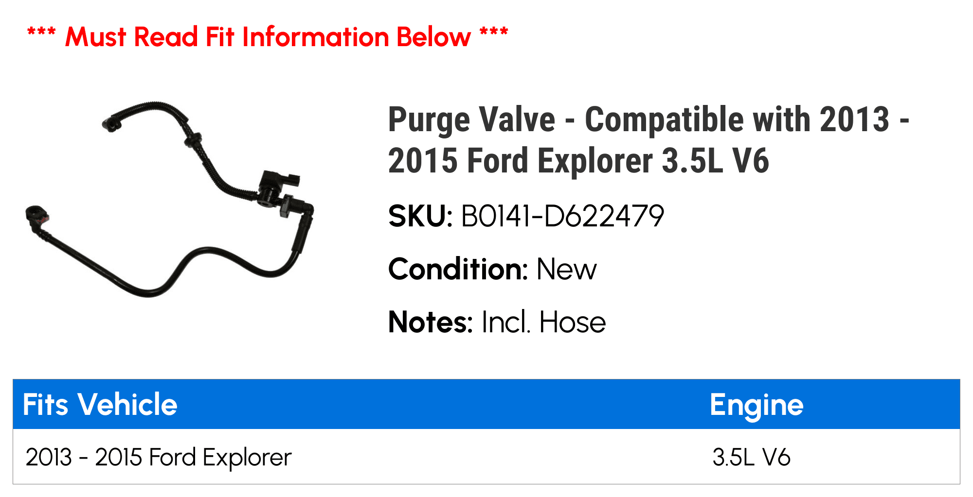 Purge Valve - Compatible with 2013 - 2015 Ford Explorer 3.5L V6 2014