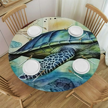 

Patifu Sea Turtle Round Tablecloth 100% Polyester Stain-Resistant Washable Ideal for Indoor Outdoor Restaurants Parties with Elastic Edge Waterproof 54 -58