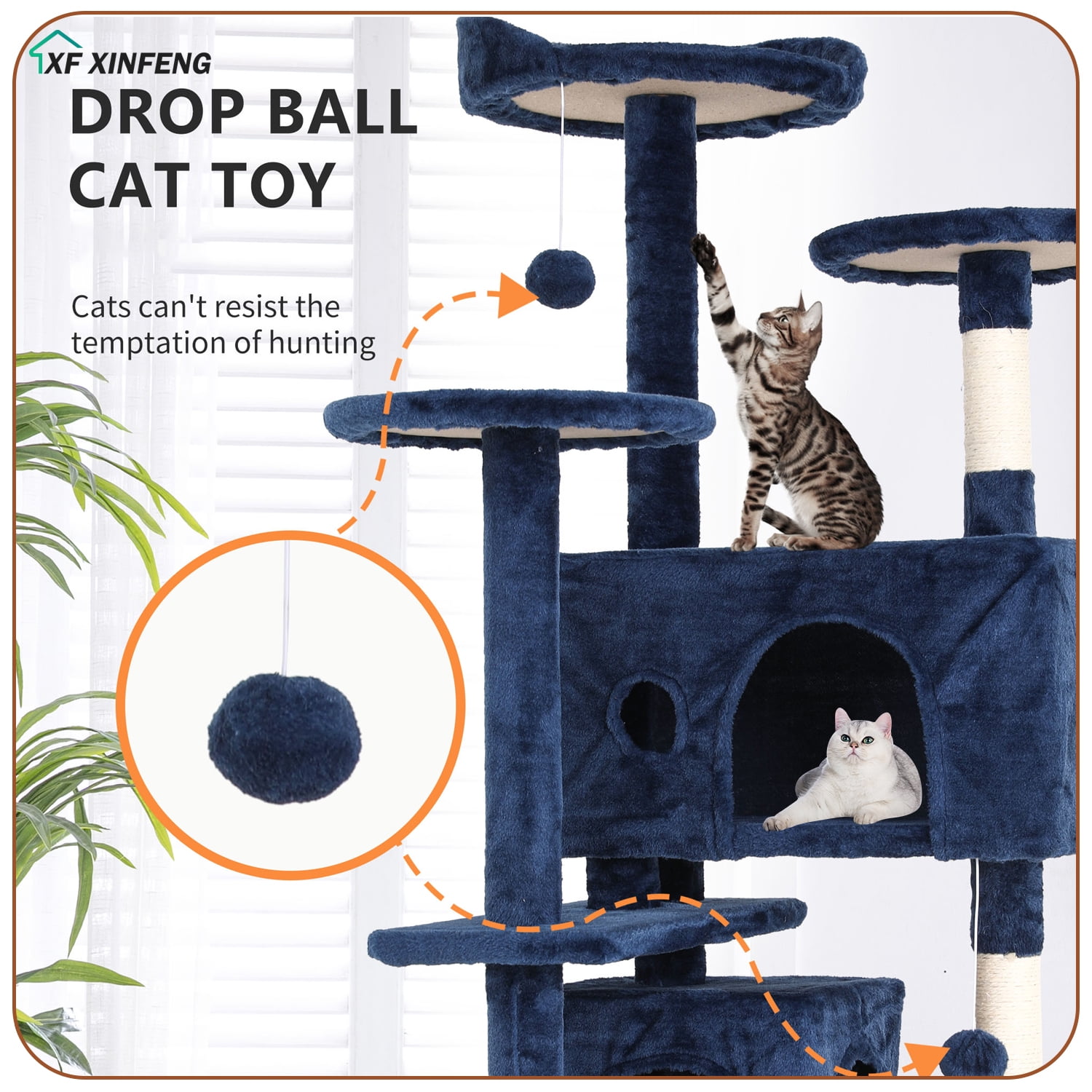 XF XINFENG 70 Inch Cat Tree Tower for Indoor Relaxing Climb Multi-Level Cats  Furniture Activity Center with Cat Scratching Stand House Cat Condo with Funny, Navy Blue