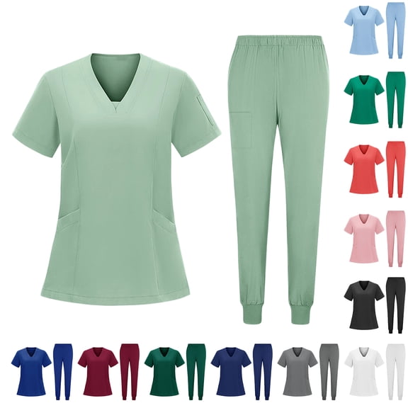 Fabrcox Women's Jogger Scrub Set Classic V-Neck Top & Jogger Pants Nurse Uniform with Pocket