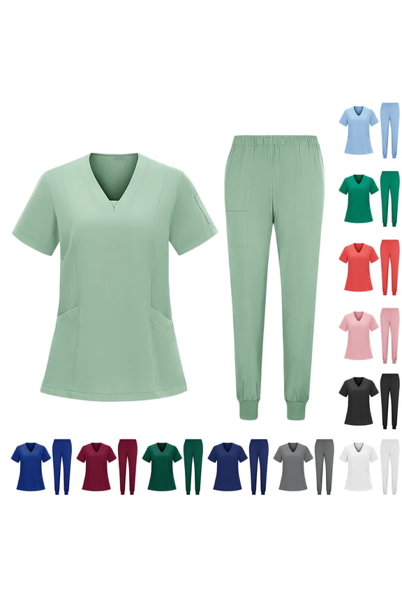 Scrubs Women Set Stretch V-Neck Top & Straight Leg Pants Nurse Working Uniforms with Pocket