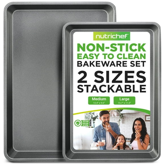 NutriChef Non-Stick Cookie Sheet Baking Pans - 2-Pc. Professional Quality Kitchen Cooking Non-Stick Bake Trays, Gray, One Size (NC2TRGY.5)