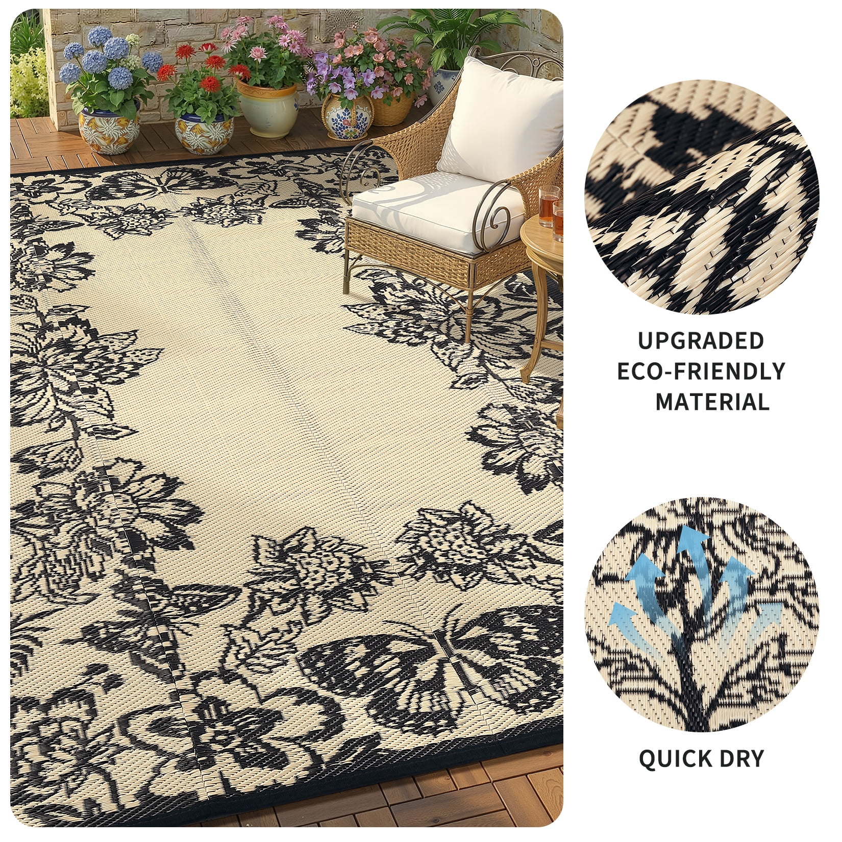 HIWEAVER Black/Brown 8'x 10' Outdoor Rug PP Plastic Straw Woven Waterproof Patio Rug with Floral Border Portable Outside Carpet for Balcony Deck Picnic Garden Decor