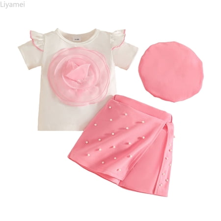 Liyamei Toddler Girls Short Sleeve Floral Tops T Shirt Skirts Shorts Hat Outfits Girls Casual Sets Size Pink 2-3 Years