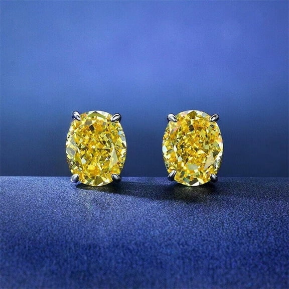 4Ct Oval Cut Yellow Diamond Solitaire Stud Earrings In 14K White Gold Finish