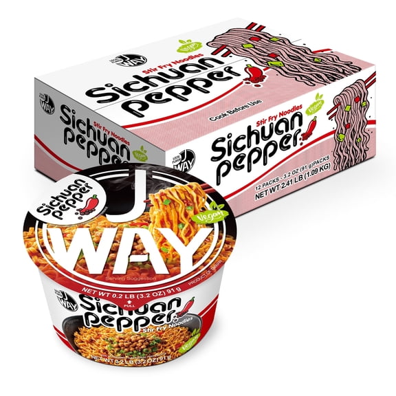 JWAY Sichuan Pepper Stir Fry Noodles, Deep-fried Instant Ramen with Chili Oil, Spicy Dry Tossed Noodles, Real Vegetable Pack, Rich Chili Flavor, Quick & Easy Ready Meal, 3.20 oz (Pack of 12)