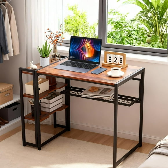 GloryStar 35" Foldable Writing & Computer Desk with Storage Shelf, Compact Space-Saving Table, Ready to Use