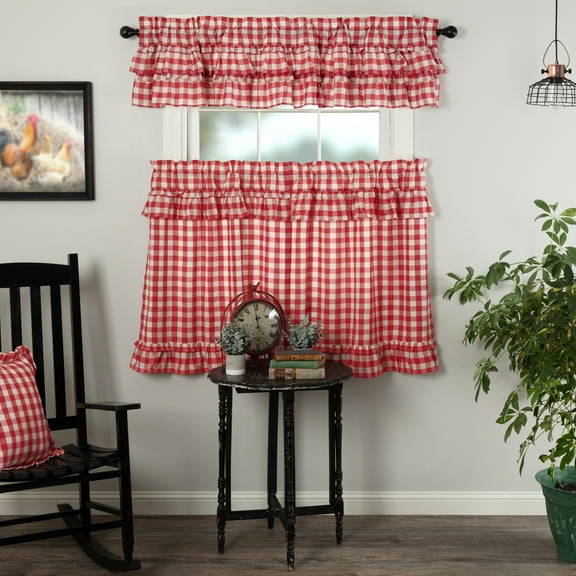 VHC Brands Annie Buffalo Check 3 PC Country Red Ruffled Curtain Set (1 Valance 16x72 and 2 Tier 36x36)