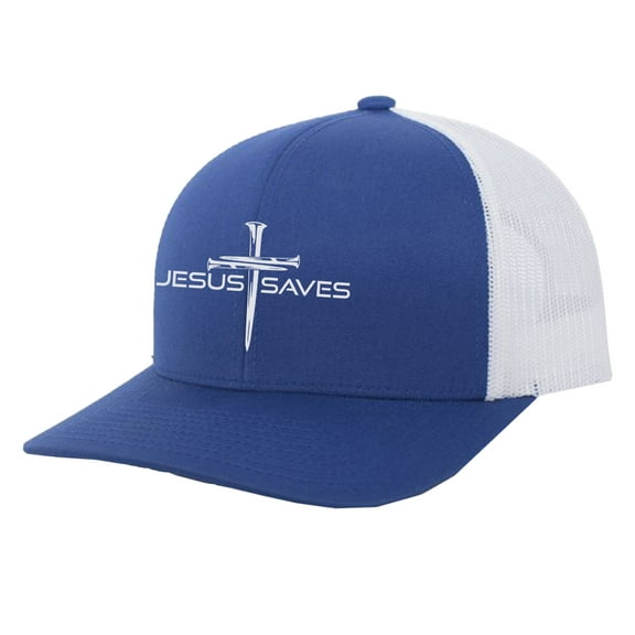 Trenz Shirt Company Christian Jesus Saves Cross Embroidered Mens Adjustable Snapback Mesh Back Trucker Hat, Royal/White