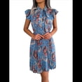 thumbnail image 2 of Vestido Plisado Floral Hasta la Rodilla para Mujer, para Vacaciones, Cuello Redondo, Sin Mangas, Cintura Alta, Ajustado, Azul L, 2 of 9