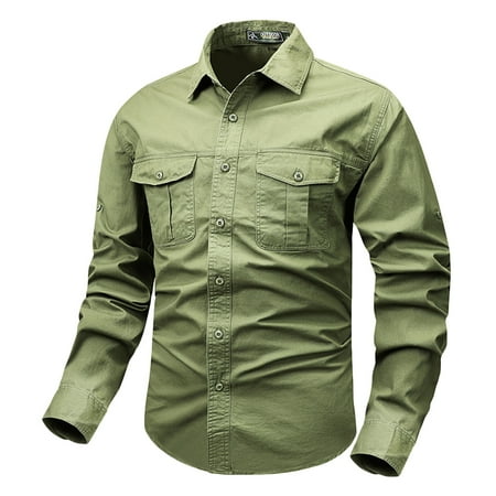 JUUYY Men s Long Sleeve Hiking Shirt Lightweight Quick Dry Sun Protection Solid Color Fishing Shirt Outdoor Hunting Travel Camouflage Shirt Army Green XL