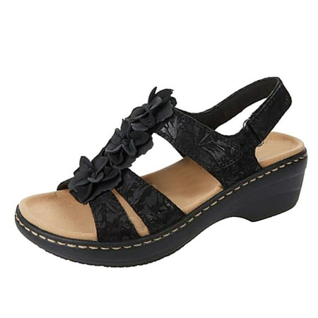 

Xfvqtps Womens Sandals Ankle Velcro Solid Color Mid Wedge Heels Flower Decor Open Toe Arch Support Soft Sole Non Slip Breathable Beach Summer Walking Casual Shoes Black