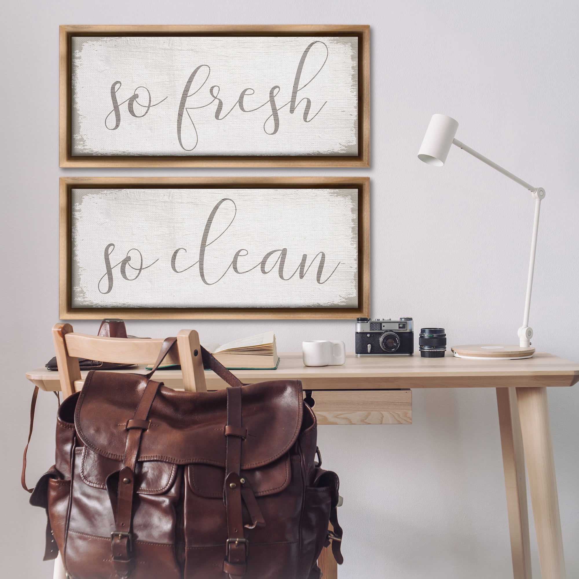 Stupell Industries Rustic White So Fresh So Clean Typography Painting Brown Floater Framed Canvas Art Print Wall Art, 31 x 14, Set of 2