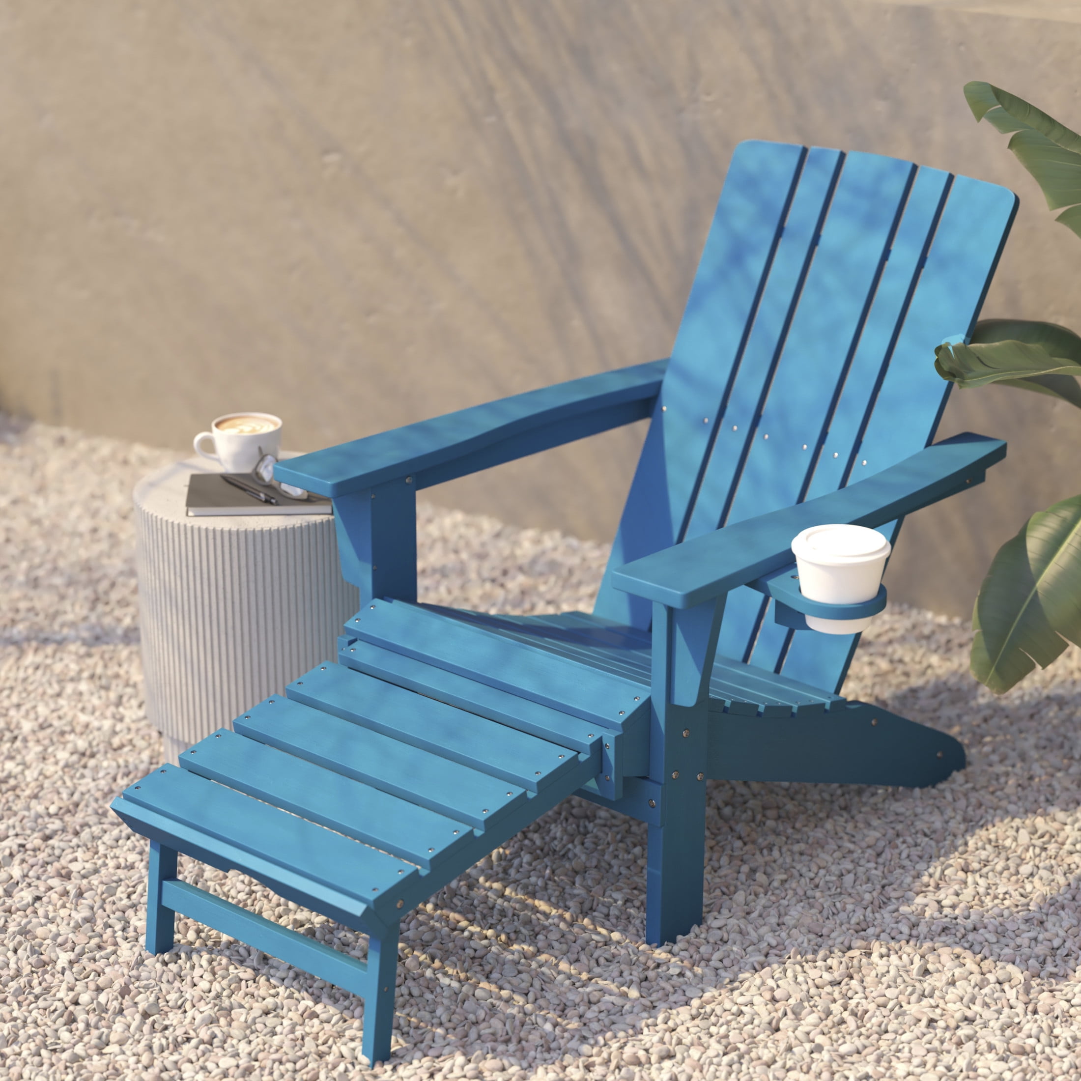 Flash Furniture Halifax HDPE Adirondack Chair with Cup Holder and Pull Out Ottoman, All-Weather HDPE Indoor/Outdoor Lounge Chair in Blue