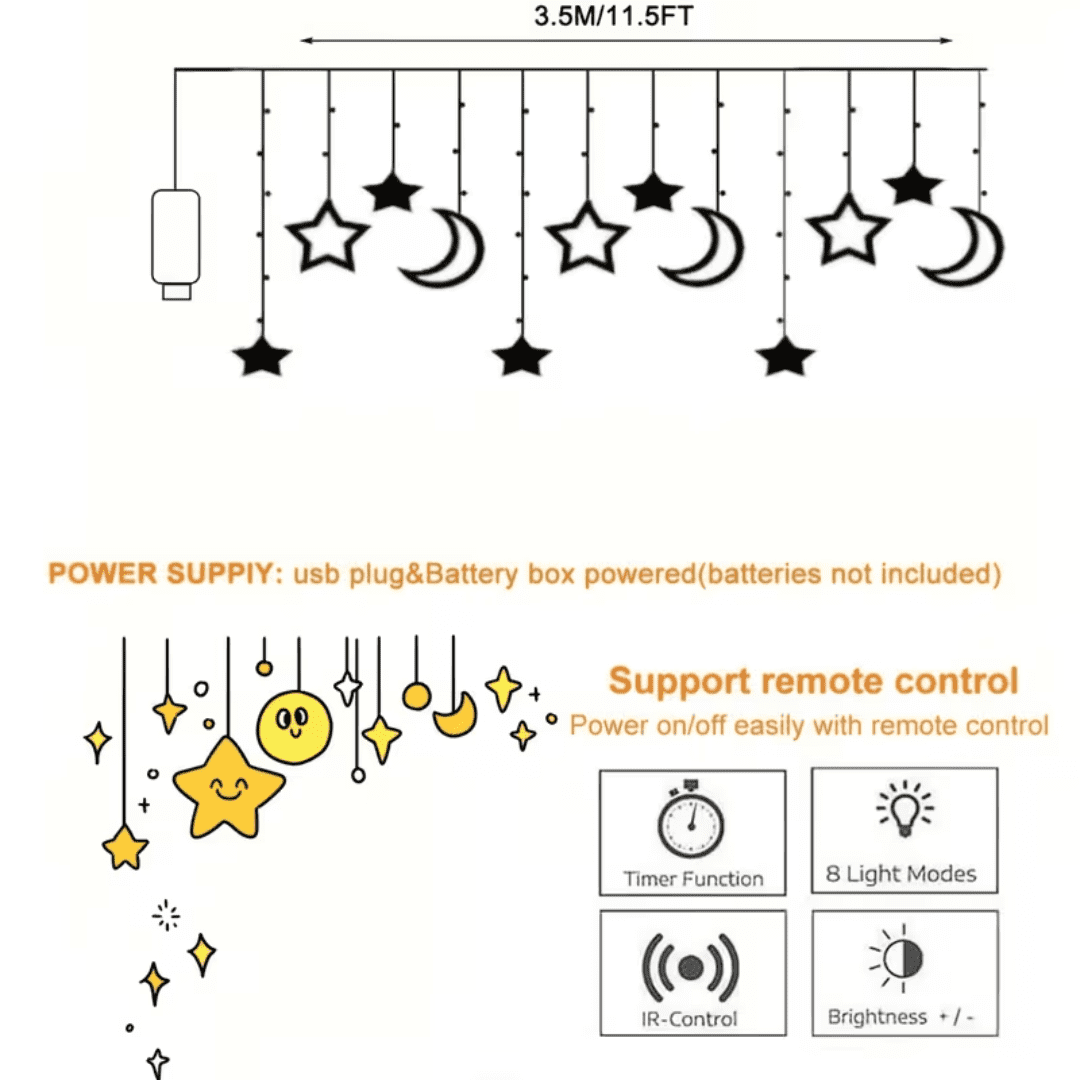 11.5 Foot Decorative Starry Sky String Screen Light, Moon And Star Led Night Light Suitable For Home Decoration Parties, Usb Power Supply, Multi Colored