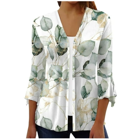 

Charella Women s V Neck Collar Neck Summer Shirt Cardigan Print Regular 3/4 Bell Sleeve Top Button Flowy Trendy Blouse Green M