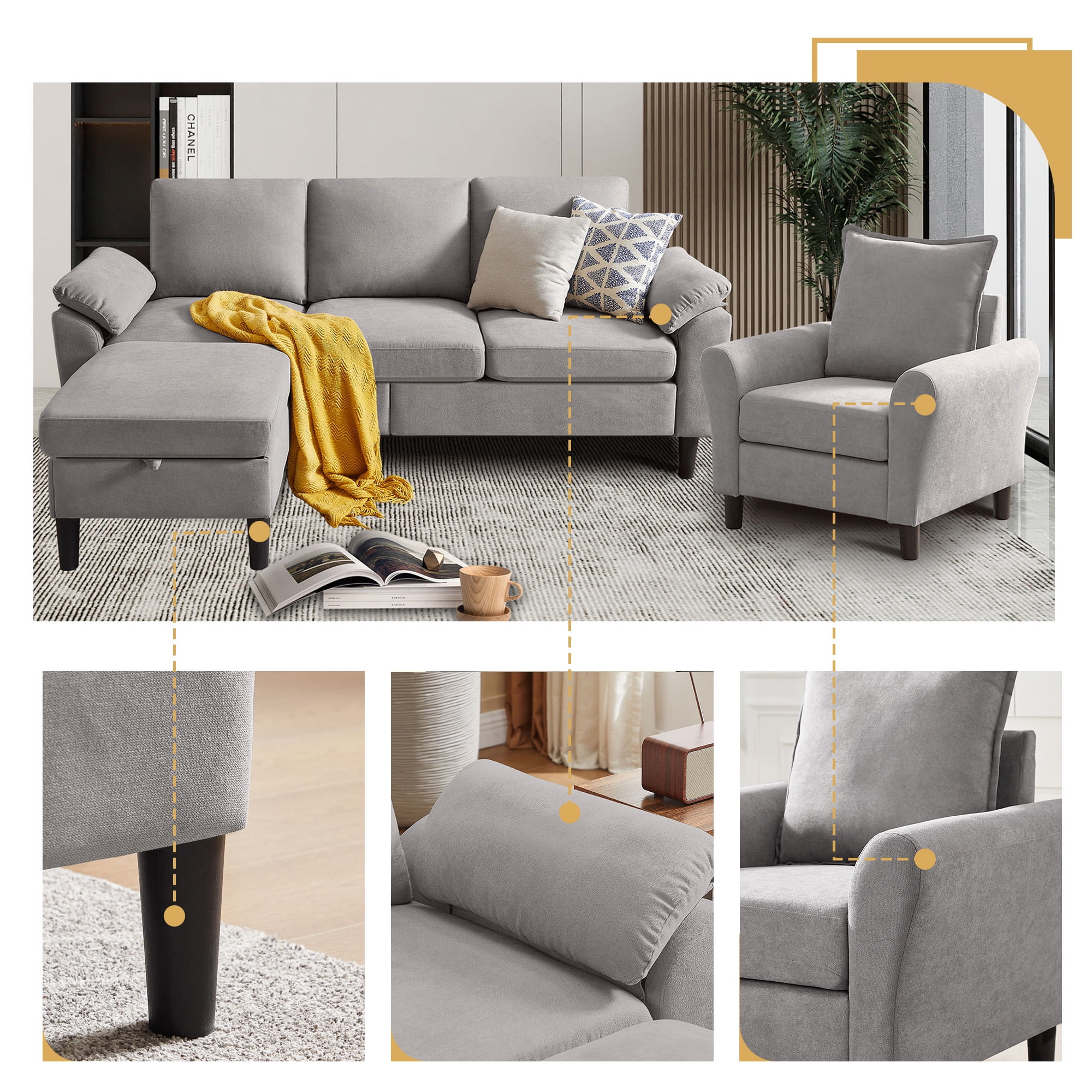 79" Convertible Sectional Sofa Set, Modern Linen Small L Shaped Couch with Reversible Chaise and Loveseat Sofa, 3-Seat Sofa Couches for Living Room, Office, Apartment, Lightgrey
