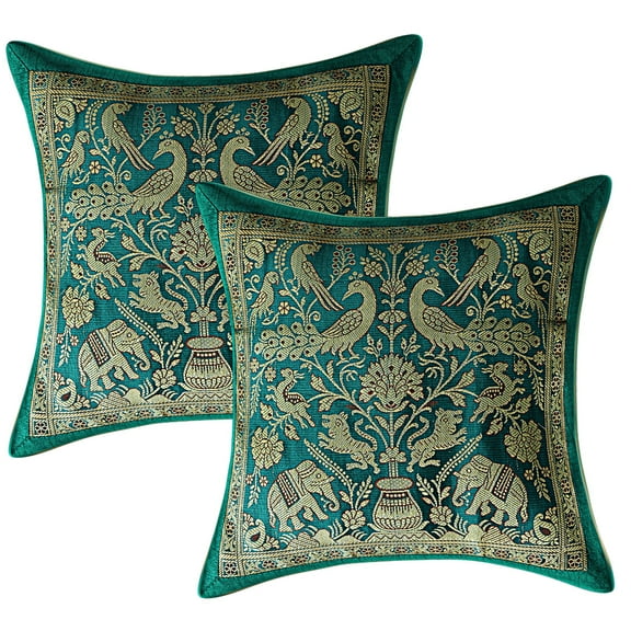 Stylo Culture Ethnic Settee Sofa Throw Pillow Covers 12 x 12 Jacquard Peacock Emerald Green Square 30 x 30 cm Home Decor Brocade Elephant Zippered Cushion Covers | Set Of 2