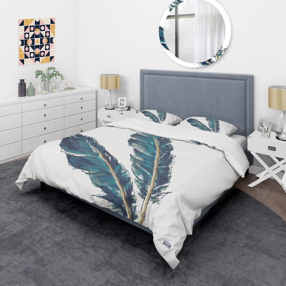 Designart 'Gold Indigo Feathers III' Glam Duvet Cover Set