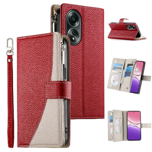 Funda cartera GANGXUN para OPPO A58 4G , cuero PU con tarjetero, cremallera, correa de mano, soporte y protección 485°