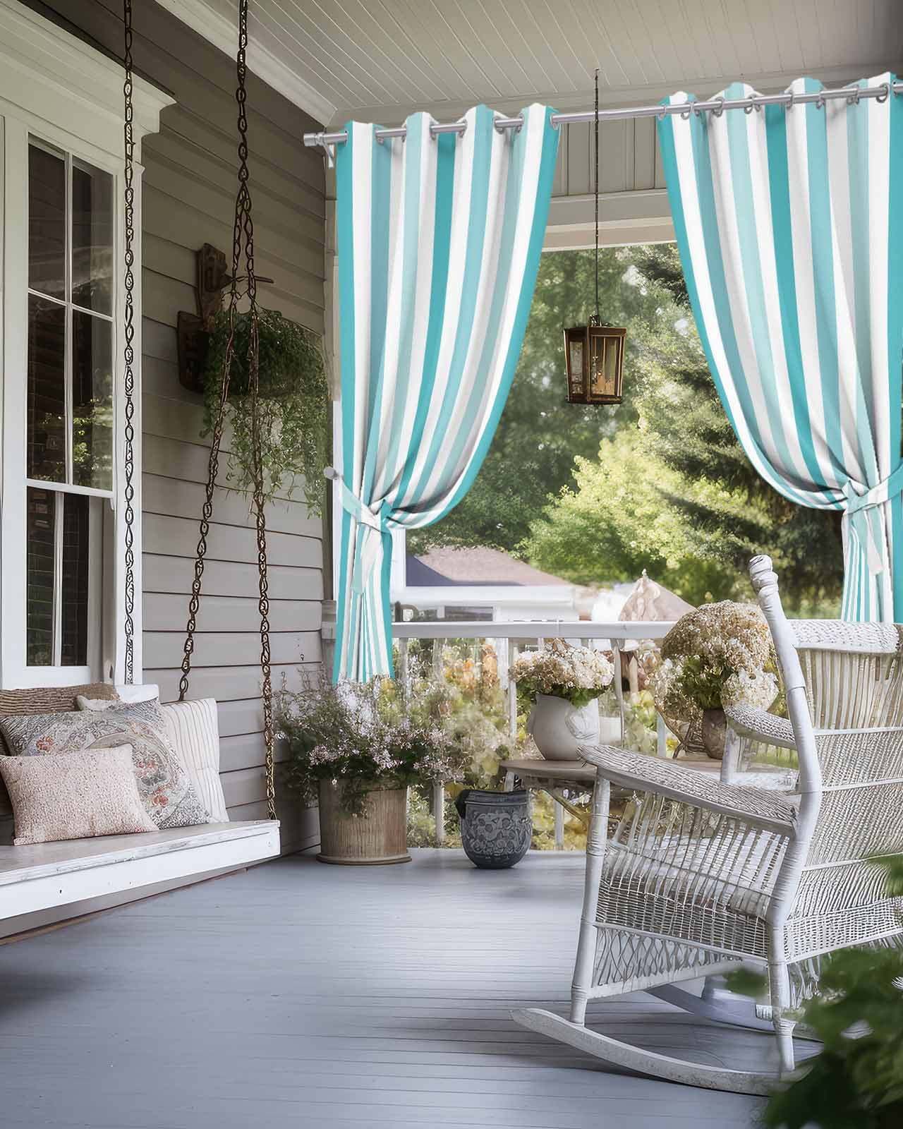 Teal Aqua Stripe Outdoor Curtains for Patio, Gradient Geometric White Vertical Striped Privacy Drapes Grommet Waterproof Outside Curtains for Porch/Cabana/Balcony 54"x 84", 2 Panel