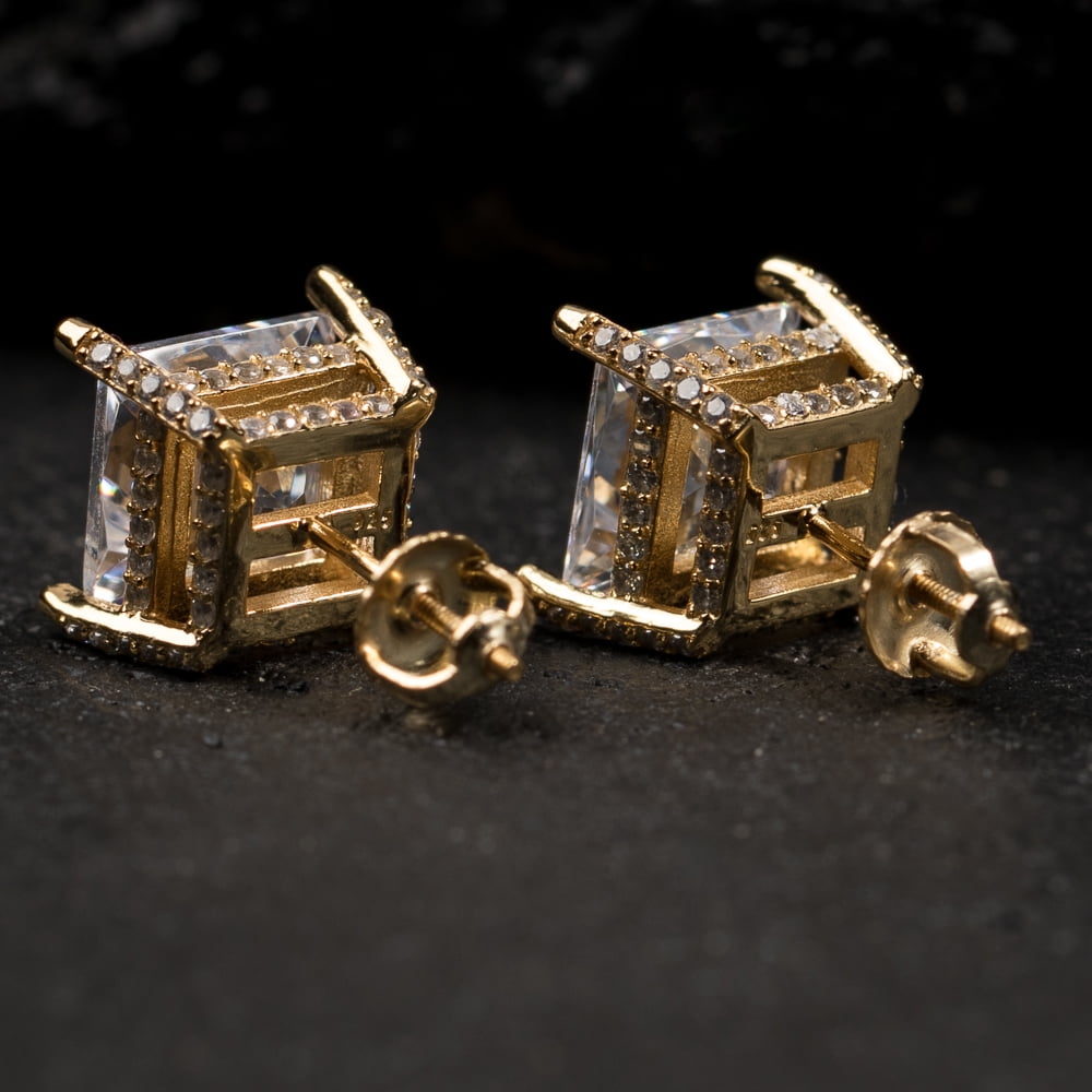 Men's Large Square Yellow Gold Plated 925 Sterling Silver 3D Unisex Iced 5A Cz Micro Pave Big Square Shape Princess Cut Hip Hop Screw Back Stud Earrings Jewelry Gifts For Men Women