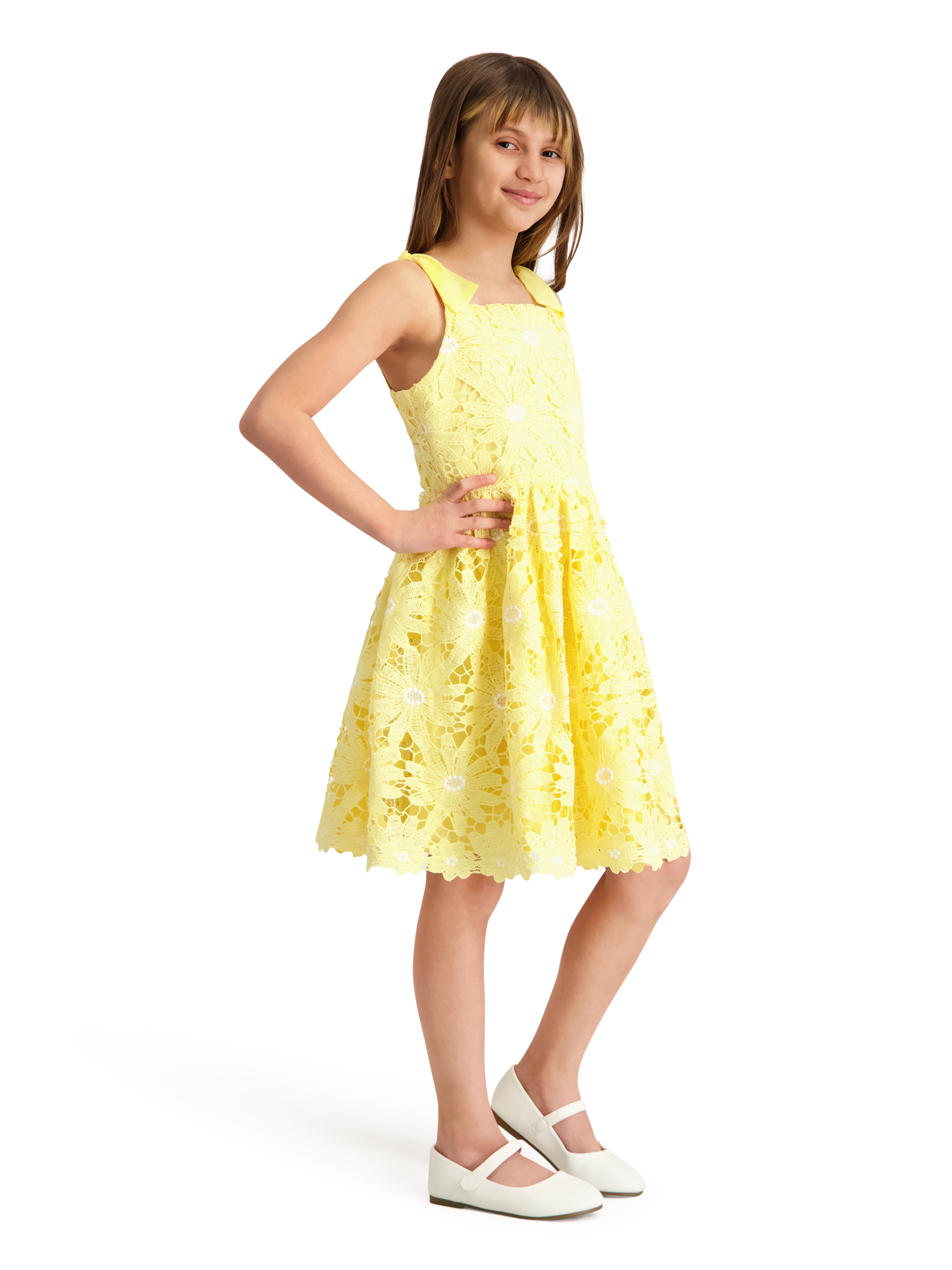 Kensie Girl Bow Strap Embroidered Heavy Lace Dress, Sizes 4-16