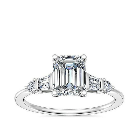 1.00 T.C.W Wonderful Solitaire with Accents Emerald Cut Genuine Diamond Wedding Ring for Women Solid 14K White Gold Size 7