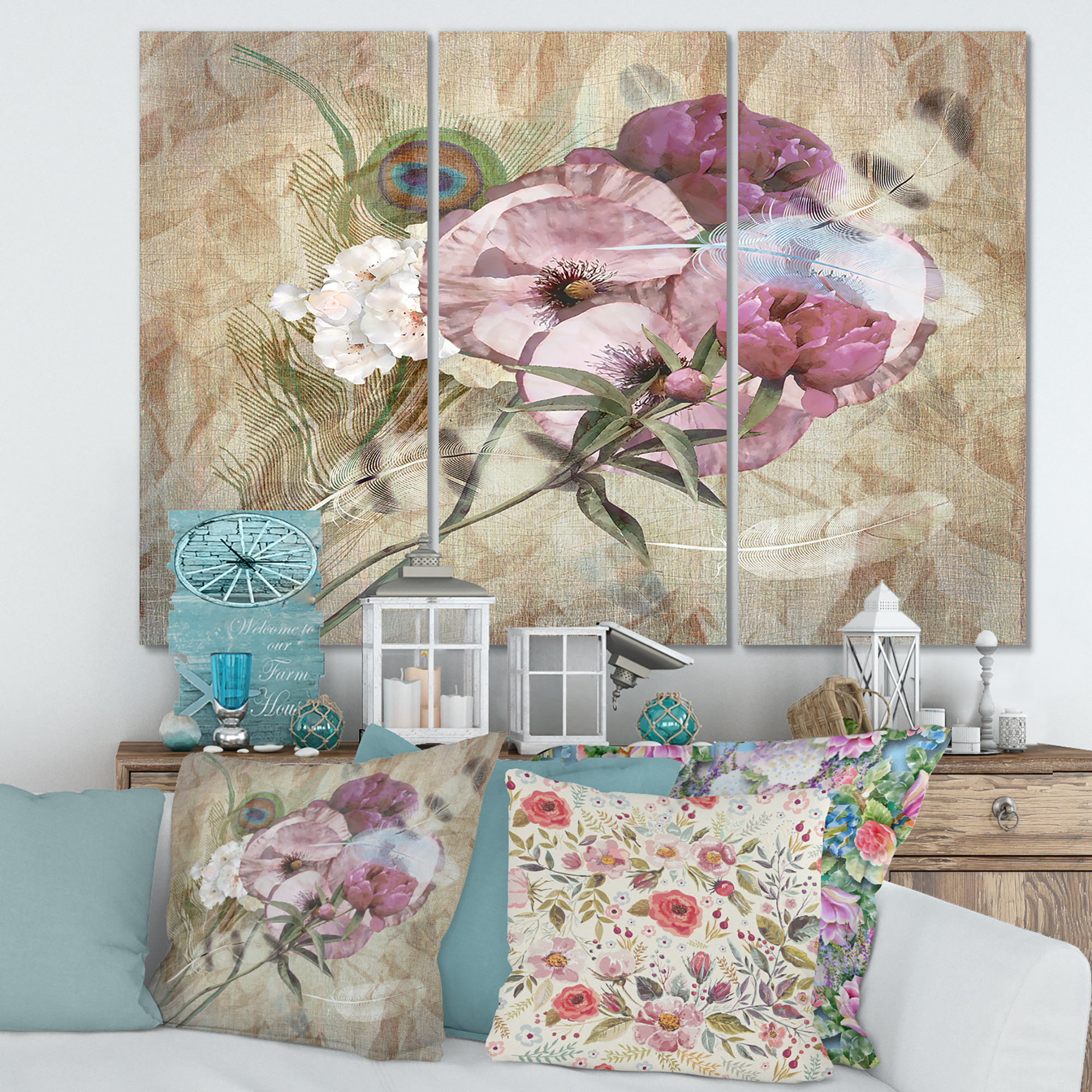 Designart ' Iris Bouquet Floral Design With Peacock Feather ' Traditional Canvas Wall Art Print