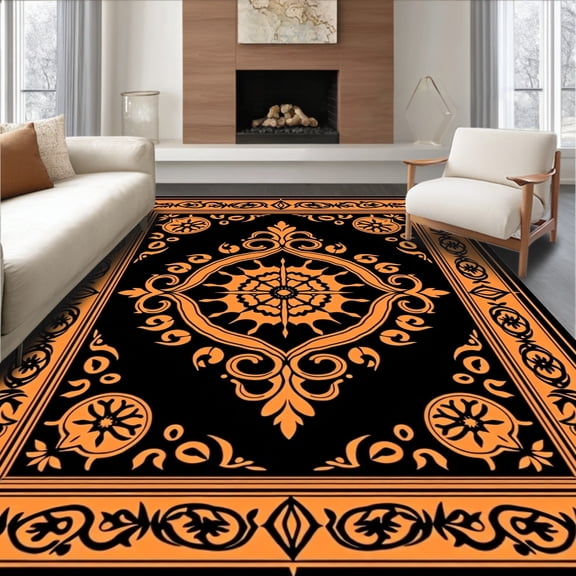 ODIKA 4'x6' Machine Washable Non-Slip Area Rug, Elati Ornate Damask Medallion High Traffic Rug, Black, 533127