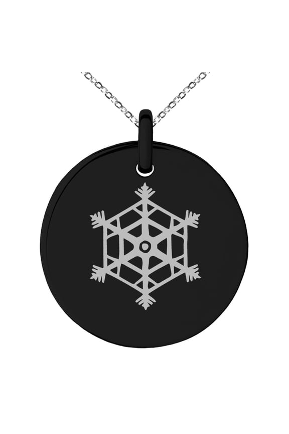 Black Stainless Steel Crystallized Evergreen Snowflake Engraved Small Medallion Circle Charm Pendant Necklace