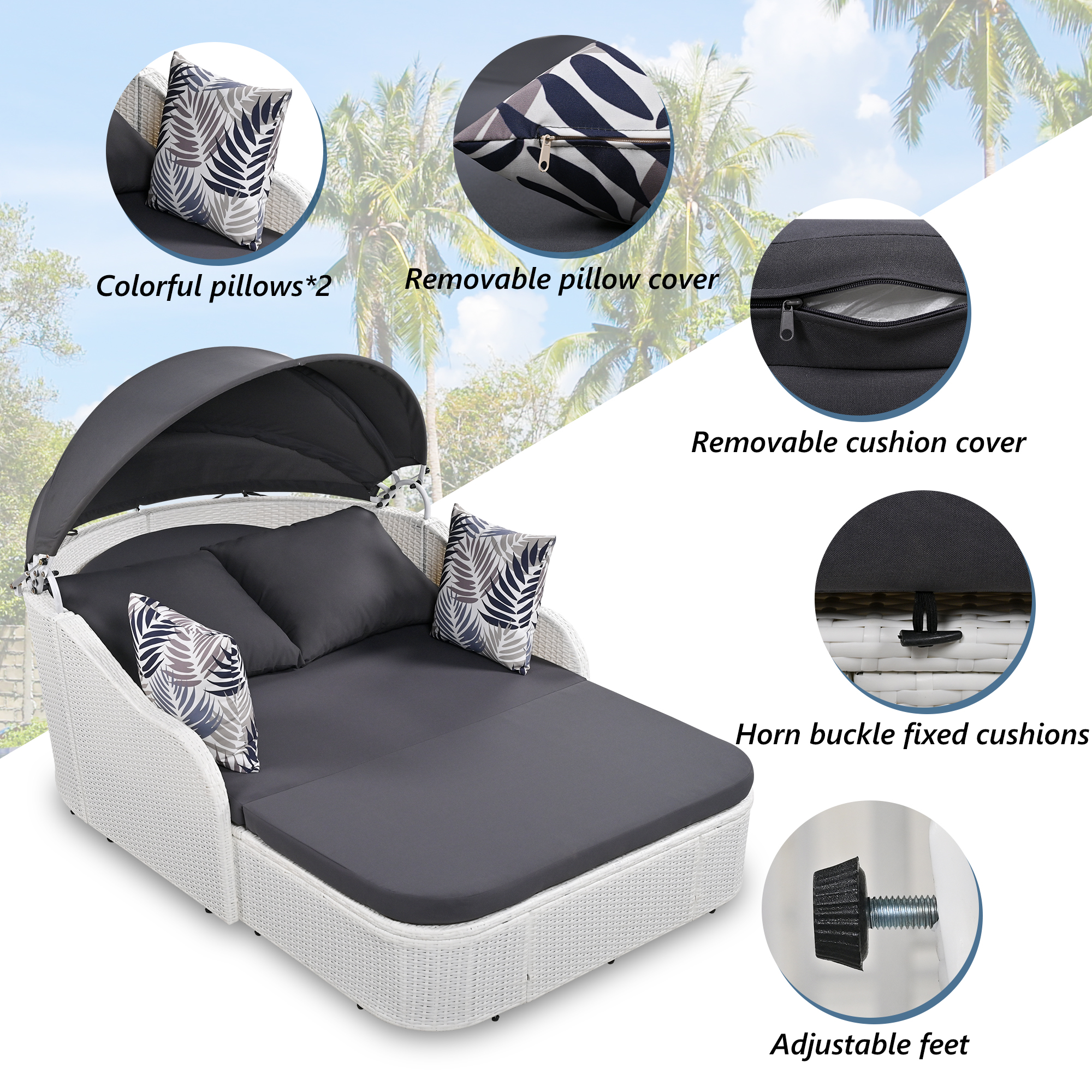 Seizeen Outdoor Rattan Chaise Lounge, 2-Person Reclining Daybed with Adjustable Canopy and Gray Cushions, Multifunction PE Wicker Furniture w/ Cover, White - image 5 of 13