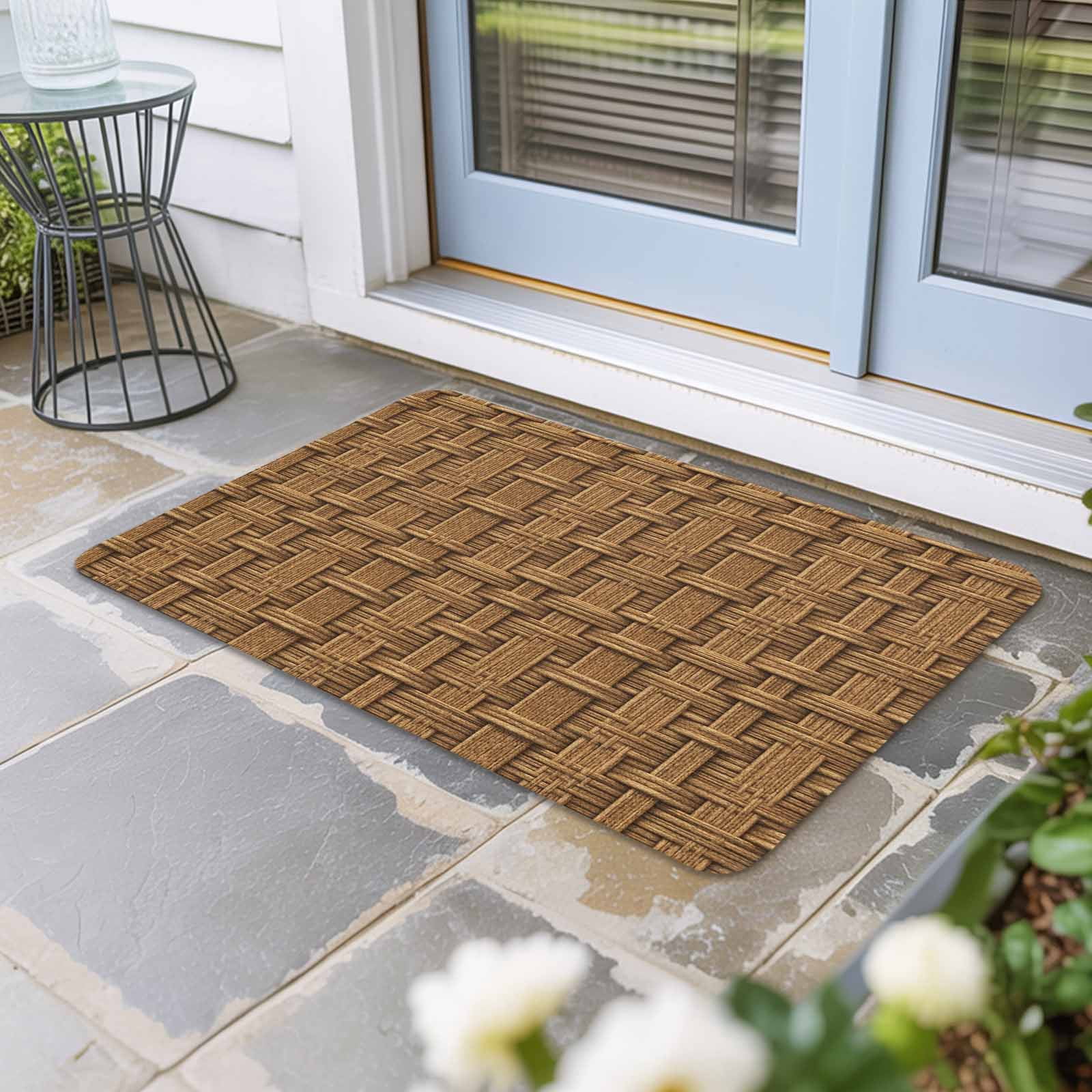 Vintage Rattan Doormat Outdoor Entrance 16"x24", Minimalist Abstract Wicker Texture Brown Absorb Moisture Dirt Door Mats, Non-Slip Rubber Backing Floor Mats Indoor, Low-Profile Front Door Rugs